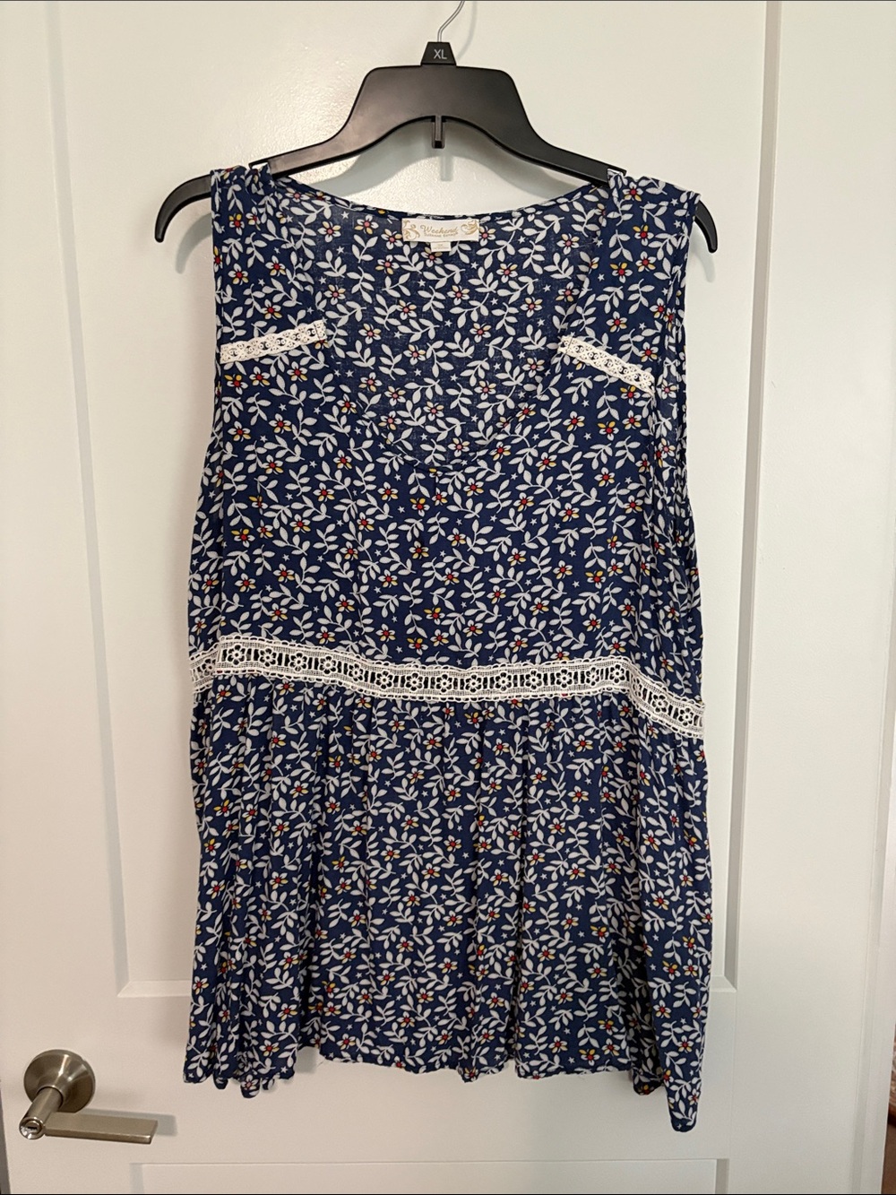 Suzanne Betro Navy Floral Sleeveless Dress with White Lace Trim